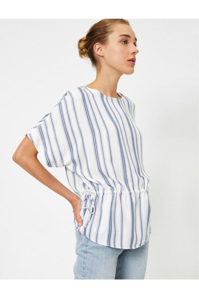 

koton women white blue striped short sleeve blouse women's blouses & shirts