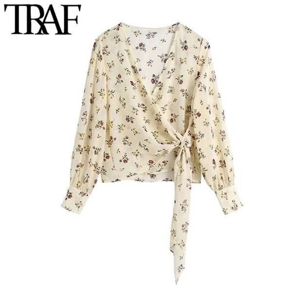 

women fashion with bow tied floral print blouses vintage v neck long sleeve female shirts blusas chic 210507, White