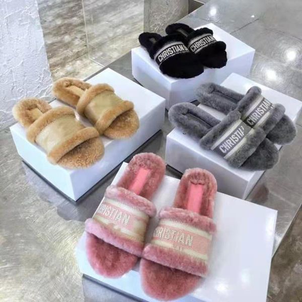 

d family rabbit hair slippers women's autumn and winter 2021 new d letter embroidery flat bottom leisure flip flop zly zly, Black