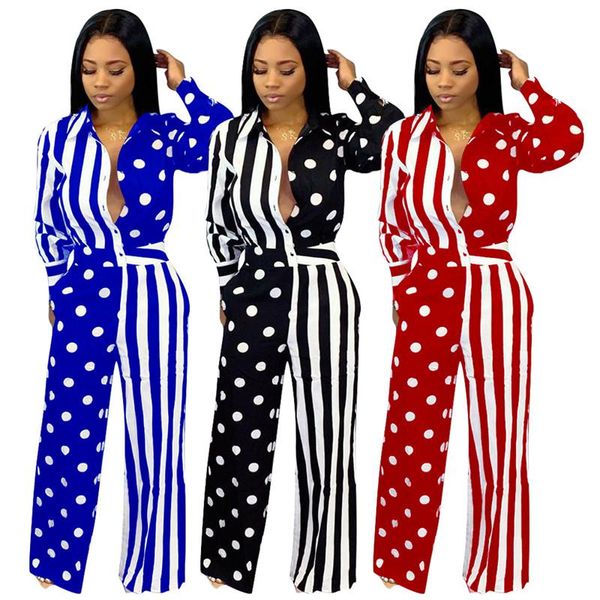 

women trousers bodysuit fashion striped dot print patchwork jumpsuits 2021 autumn spring long sleeves romper female playsuit women's &, Black;white