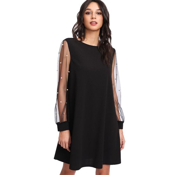 

women's fashion dresses black and red bubble cuff beaded loose mesh long sleeve summer t-shirt dress, Black;gray