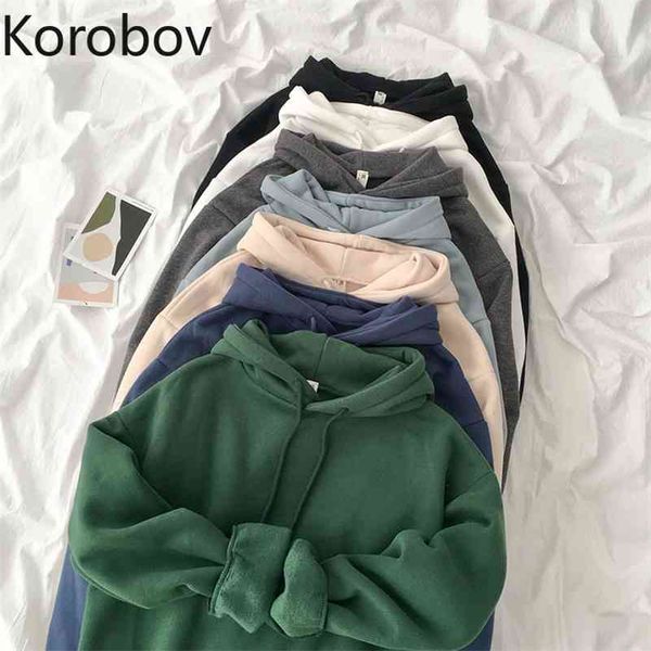 Korobov Preppy Style Mit Kapuze Süße Frauen Hoodies Koreanische Langarm Solide Streetwear Sweatshirts Taschen Kordelzug Dicke Outwear 210430