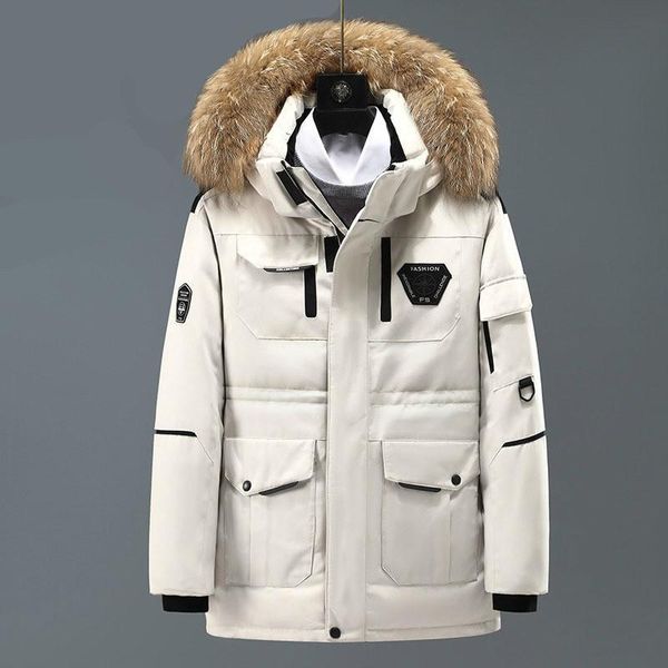 

men's down & parkas white duck parka mens jacket multi-pocket hooded snow overcoat male casual fur warm coat men's mid-length chaqu, Black