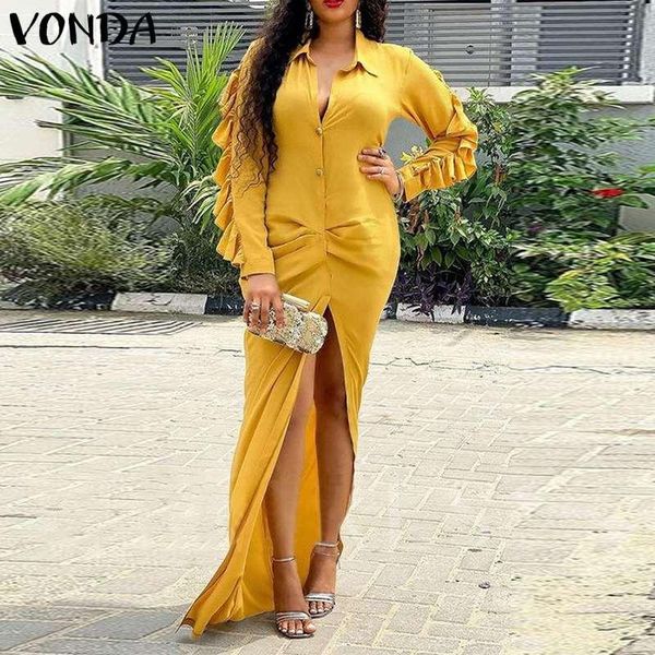 

casual dresses vonda womenmaxi dress autumn lapel button up long sleeve high slit shirt bohemian vestidos loose party robe, Black;gray