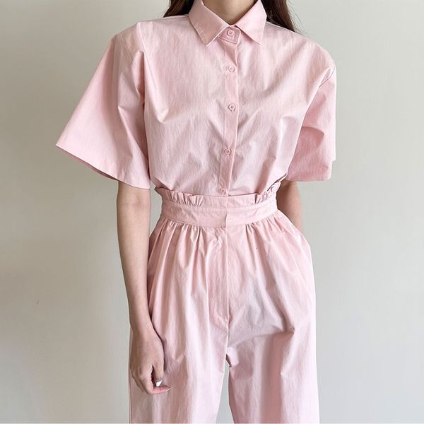 

women's two piece pants korean temperament pink lapel single-breasted short-sleeved shirt + high waist loose wide-leg casual pants, White