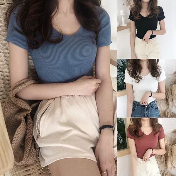 

women's t-shirt summer slimming v-neck bottoming shirt short-sleeve sweater top, White