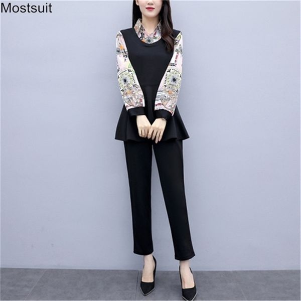 

spring autumn elegant two piece set suit women fashion outfits plus size long sleeve printed tunic and pants sets ol 210513, White