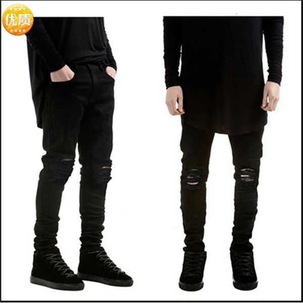 

high denim street fashion brand pure black slim fit small foot elastic jeans men's, Blue