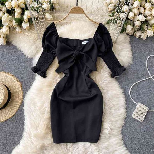 

korea fashion women v-neck bowknot short sleeve slim black package hip dress vestidos clothes r379 210527, Black;gray