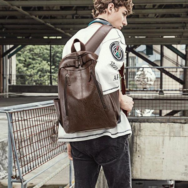 

backpack fashion men solid color lapwaterproof pu leather travel bagpack high school bags for teenage boys mochila