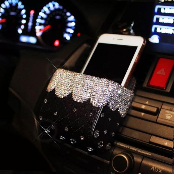 

car organizer diamond crystal portable storage box bag auto vent mount holder cosmetics case universal mobile phone accessories