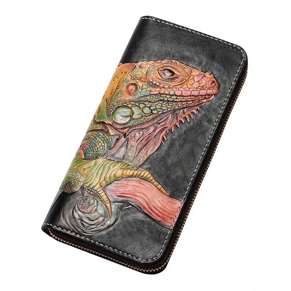 

wallets handmade genuine leather carving chameleon bag purses women men long clutch vegetable tanned wallet card holder, Red;black