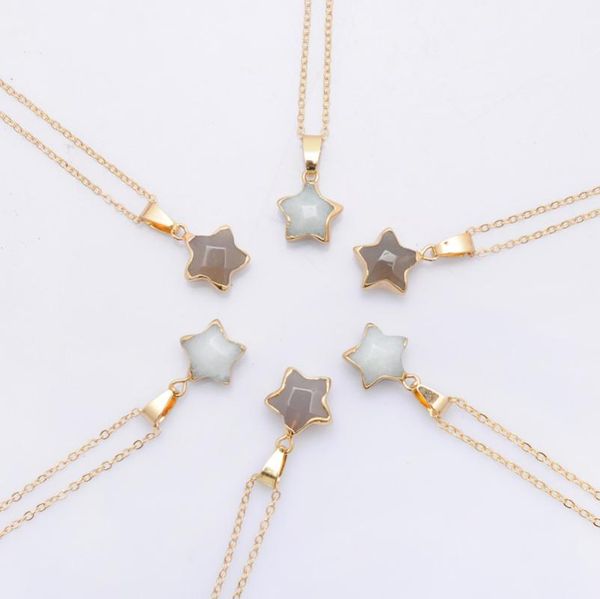 

pentagram star pink crystal druzy chakra nature stone gold plating geode quartz pendant diy chain necklace 45+5cm necklaces, Silver