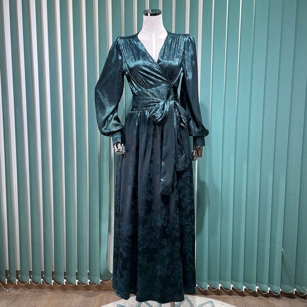 

european station retro palace style elegant elegant light mature dress womens jacquard satin one-piece lace-up dress autumn, Black;gray