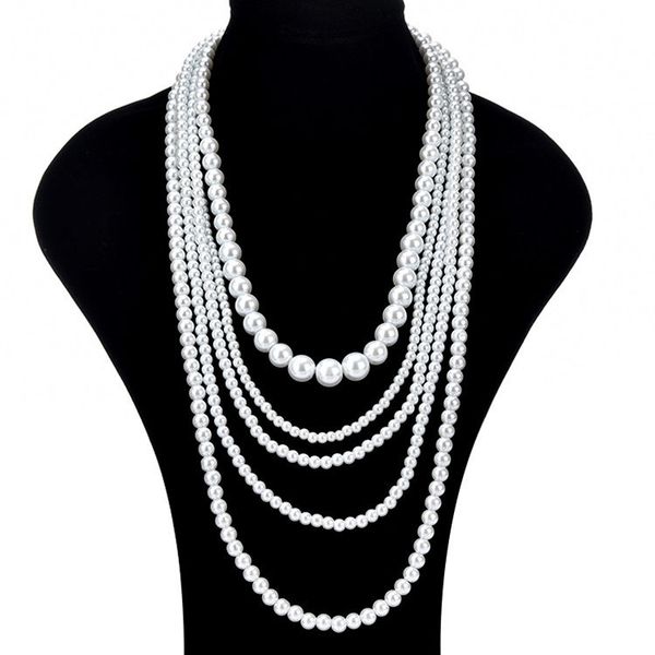 

fashion 5 layered long necklace with pearls for women, Silver