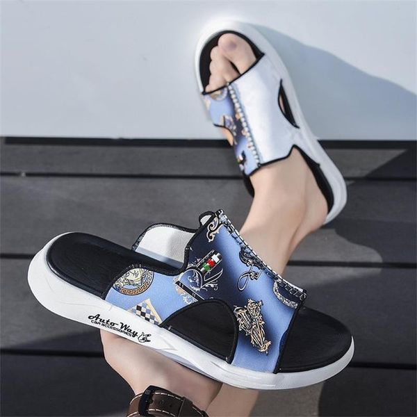 

sandals men's shoes fashions youth leisure trend personality blue sports printing three optional comfortable sandals with deep sole ks1, Black