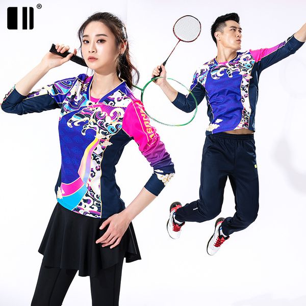 

autumn and winter 2020 new badminton suit long sleeve sports skirt suit women's tennis suit men's trousers, Gray;blue