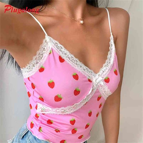 Plugalong Strawberry Impressão Y2K Bonito Verão Tops para Mulheres Lace Cami Profunda V-Pescoço Womens Crop Tank Harajuku Coreano Clube 210407