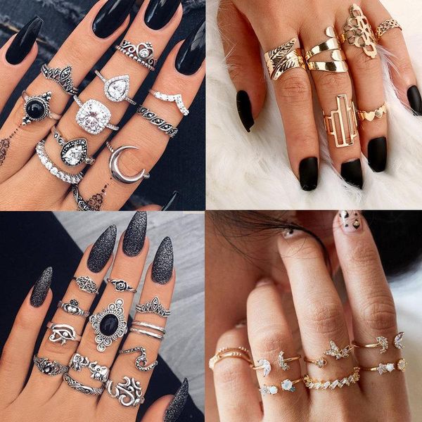 

wedding rings ufavoirte women fashion hearts fatima snake ring hands cross leaf hollow geometric crystal set jewelry, Slivery;golden