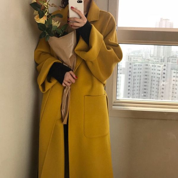 

wool autumn winter korean chic fashion design long overcoat ladies bandage lapel solid casual loose woolen coat, Black