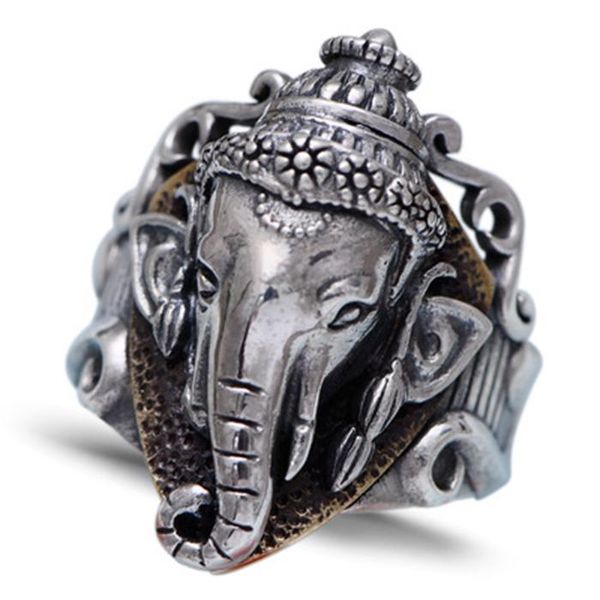 

cluster rings 925sterlingsilverretro thai silver wide-faced elephant head god men's style over the weather nose index finger ring, Golden;silver