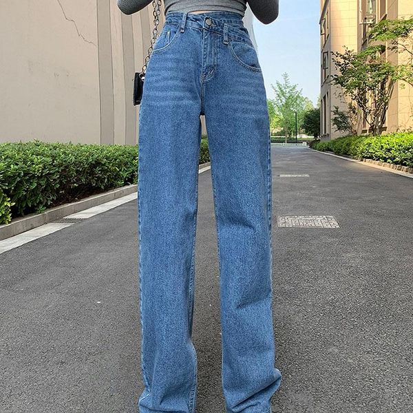 

women's jeans 2021 winter straight loose high waist irregular dislocation personality retro wide-leg pants, Blue