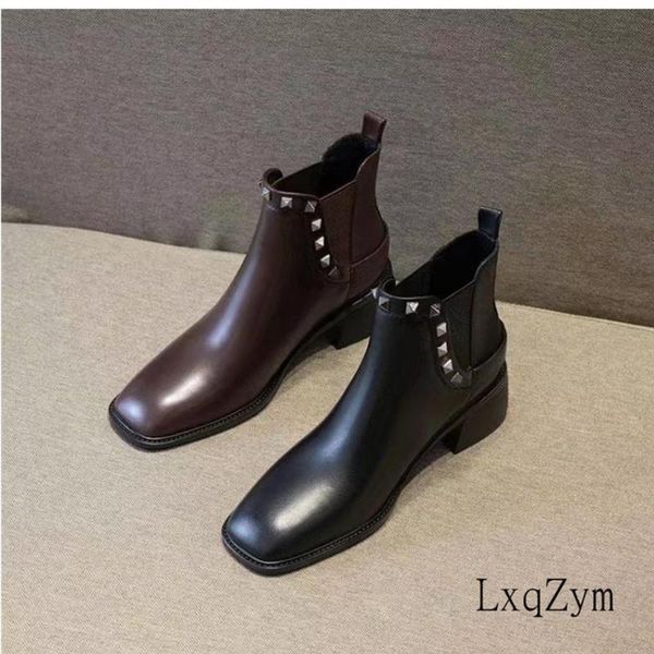 

boots vintage fashion cowhide leather ankle women metal rivet decor lace up buckle shoes thick heel short brand design, Black