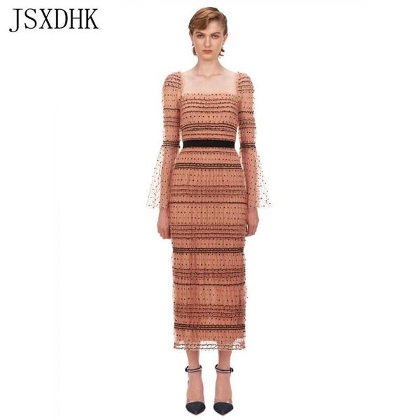 

casual dresses jsxdhk spring self portrait mesh polka dot pleated pencil dress square collar flare sleeved retro party, Black;gray