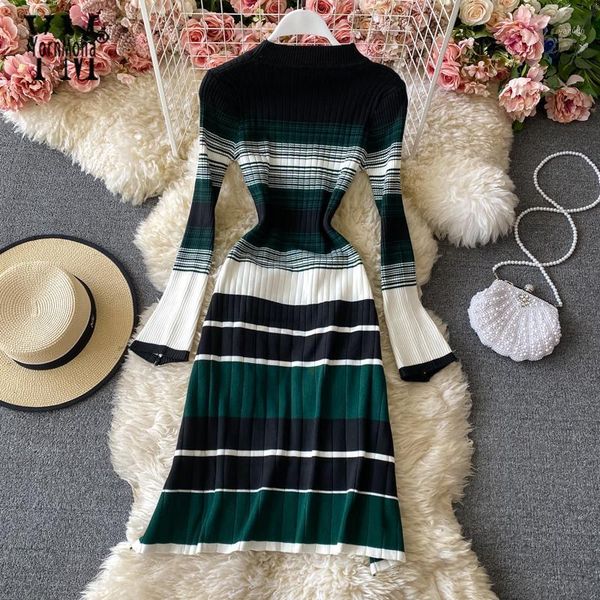 

yornmona korean fashion striped long flare sleeve women autumn winter elegant knitted pullover a-line sweater dress female party casual dres, Black;gray