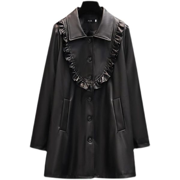 

women's jackets plus size black pu leather jacket women pocket autumn korean fashion ruffles coat casual loose mid-length female top, Black;brown