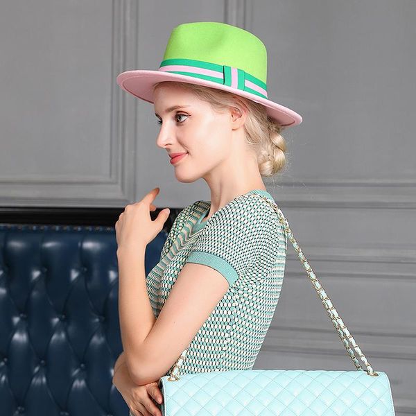 

wide brim hats green pink two tone fedoras with ribbon belt panama felt jazz male cowboy hat women and men winter caps wholesale, Blue;gray