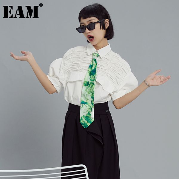 

[eam] women white pleated shaped vintage blouse lapel half sleeve loose fit shirt fashion spring autumn 1dd7790 210512