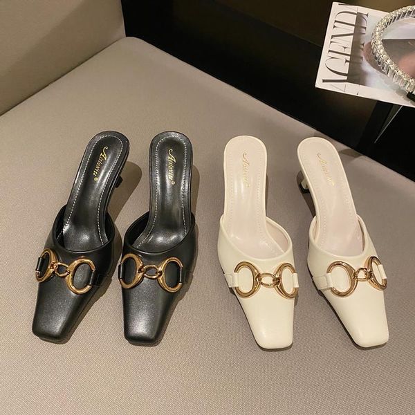 

luxury women black low heels metal decoration slides mules female kitten slippers outsides flip flops prom shoes