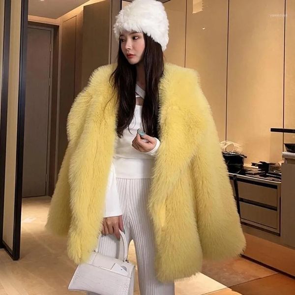 

women's fur & faux rimocy fashion furry coat women 2021 winter warm turn down collar jacket woman loose long sleeve female outerwear, Black