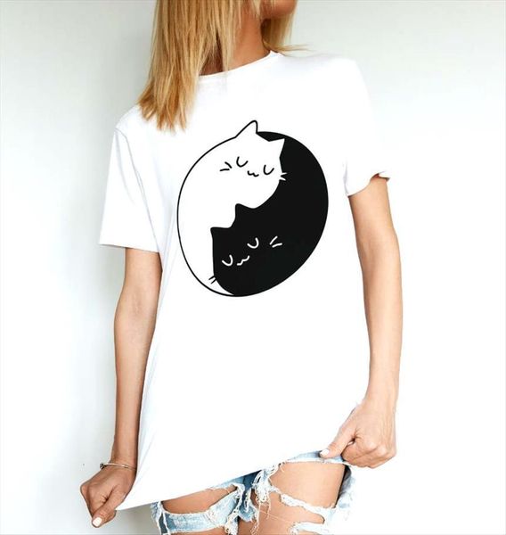

yin yang cat print cotton women t shirts casual funny girl tee hipster drop ship y 71, White