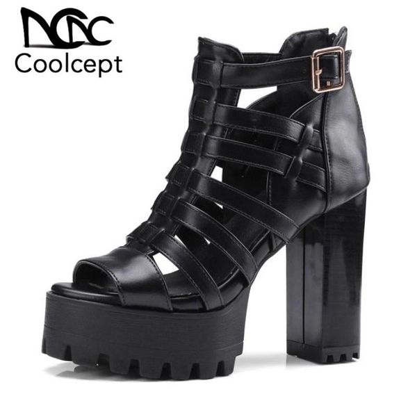 

coolcept women high heel sandals platform ankle strap thick fashion office lady shoes footwear size 33-45, Black