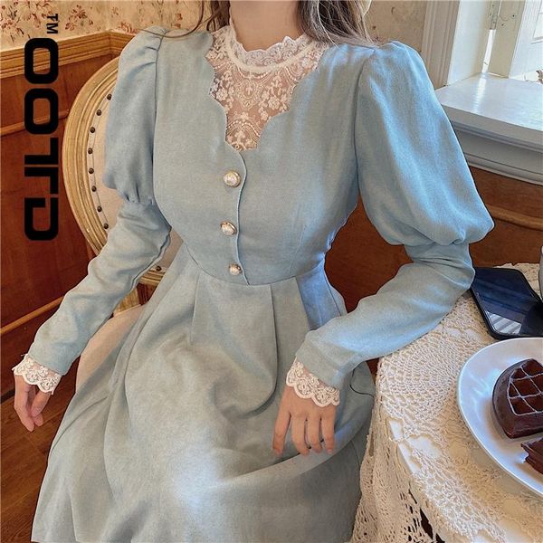 

casual dresses solid elegant dress women winter patchwork lace party female french style sweet korean 2021, Black;gray
