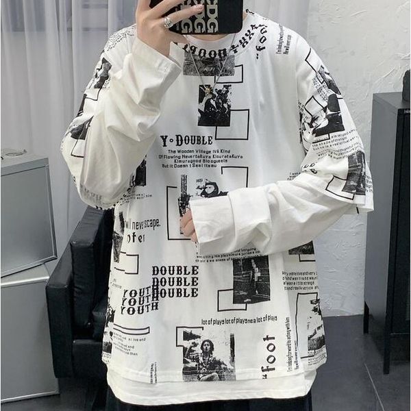 

men's t-shirts autumn fake two-piece long-sleeved t-shirt korean version loose-fitting clothes trend bottom shirt wear, White;black