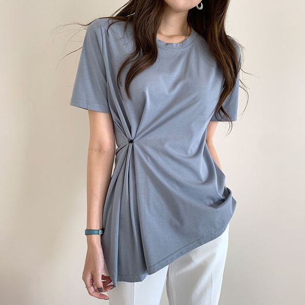 

women's t-shirt korean version of the wild haze blue round neck adjustable buckle waist design irregular short-sleeved t-shirt top, White
