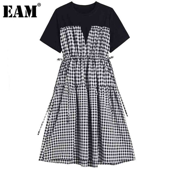 

[eam] women fake two pieces spliced plaid bandage pleated dress round neck short sleeve loose fashion spring summer 1dd8501 21512, Black;gray