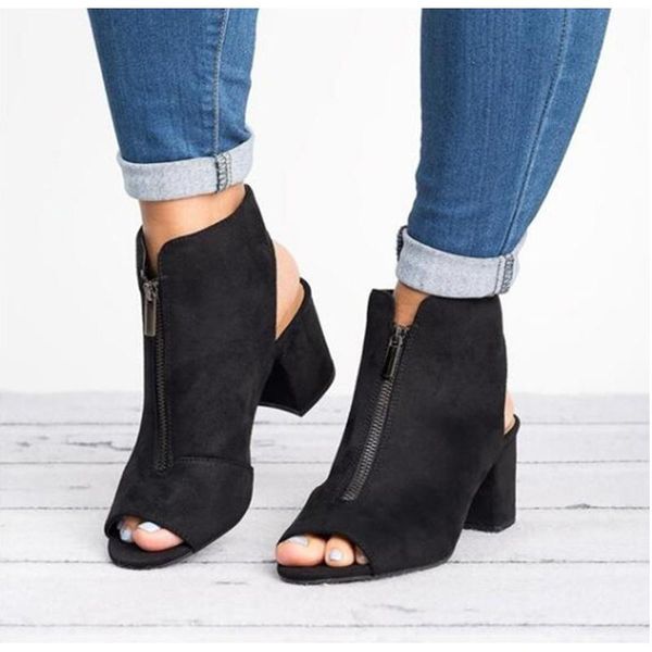 

dress shoes women zipper pumps ladies square heels fashion women's solid footwear female comfortable peep toe slingback plus size, Black