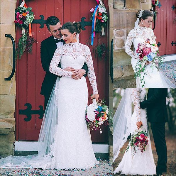 

country full lace wedding dresses mermaid long sleeve bridal gowns 2021 hollow high neck rustic bride dress, White