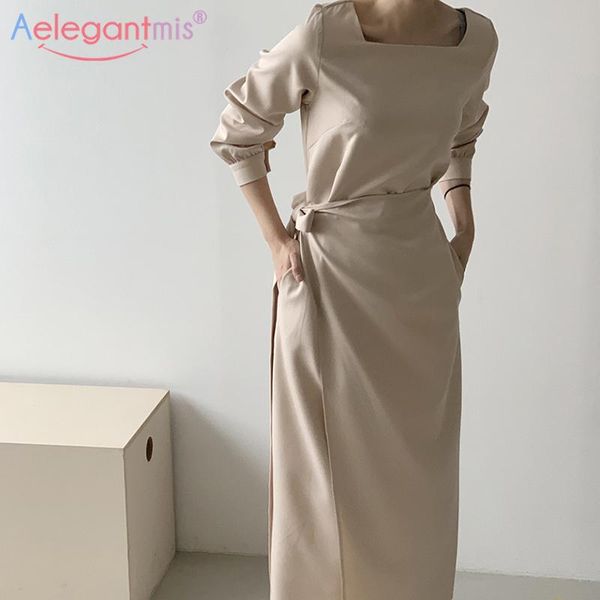 

casual dresses aelegantmis vintage square collar dress lace up women elegant solid long black loose vestidos korean, Black;gray