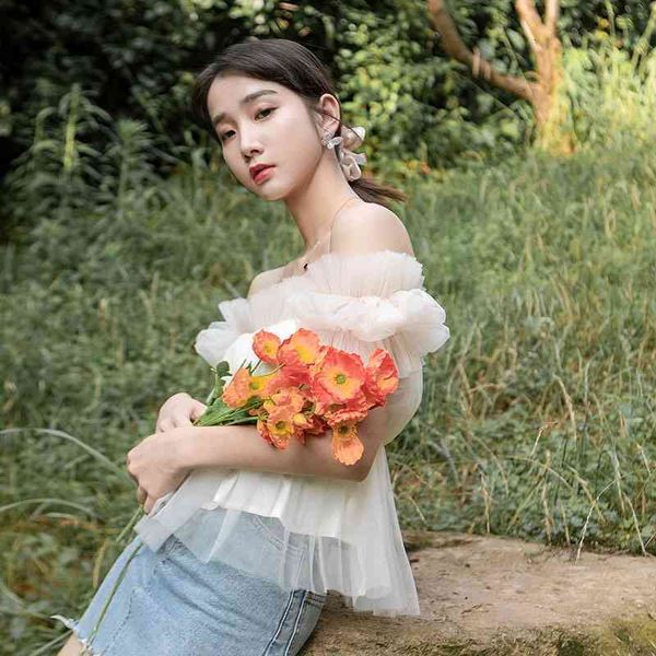 

women's knits & tees mesh off the shoulder ruffle korean blouse women tunic tulle summer ladies cold peplum cute aqfq, White