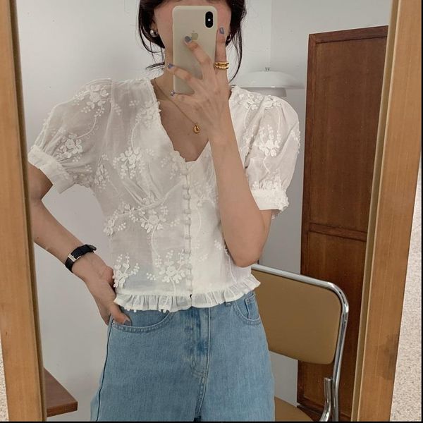 

summer fashion blouses women shirts sweet embroidery floral flounced shirt v neck puff sleeve blusas short, White
