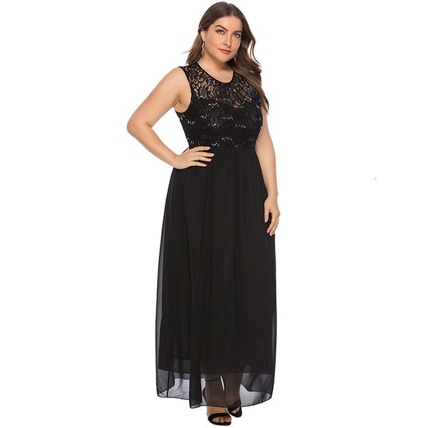 

plus size women maxi splicing floral lace chiffon sequined dresses fashion sleeveless gown elegant party dress vestidos, Black;gray