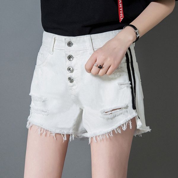 

women's shorts 2021 summer stripe denim korean loose hole breasted wide leg student pants 0763, White;black