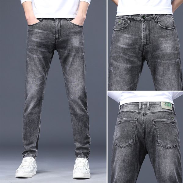 

jeans mens thin casual straight fit fashion elastic spring summer korean leisure trend jeans pants, Blue