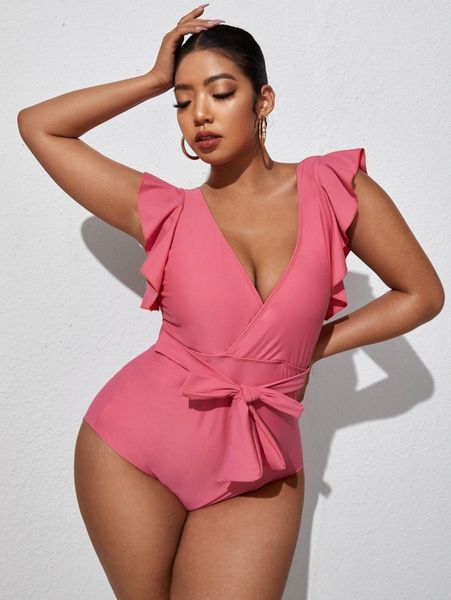 

plus ruffle trim knot front one piece swimsuit w1nn#, Black