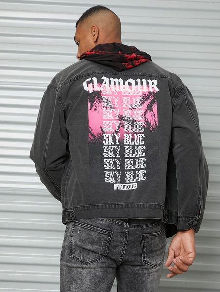 

men slogan & graphic print denim jacket s83q#, Blue